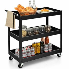 Black Steel Frame Bar Cart on Wheels w/2 Bottom Shelves