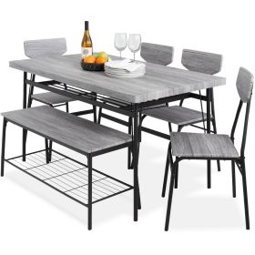 Modern 6-Piece Dining Set w/Grey Wood Top Table 4 Chairs and Storage Bench