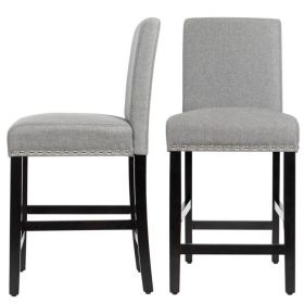 Modern Kitchen Dining Barstools w/ Black Wood Legs and Grey Linen Seat (Set of 2) (38-Inch)