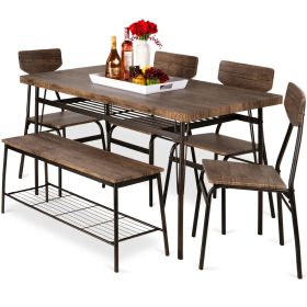 Modern 6-Piece Dining Set w/Brown Wood Top Table 4 Chairs and Storage Bench