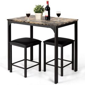 Modern Dining Set w/Brown Faux Marble Table-Top & 2 Black Stools