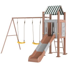 Kids Swing Set With 6 FT Slide (Brown) (Option: Brown)